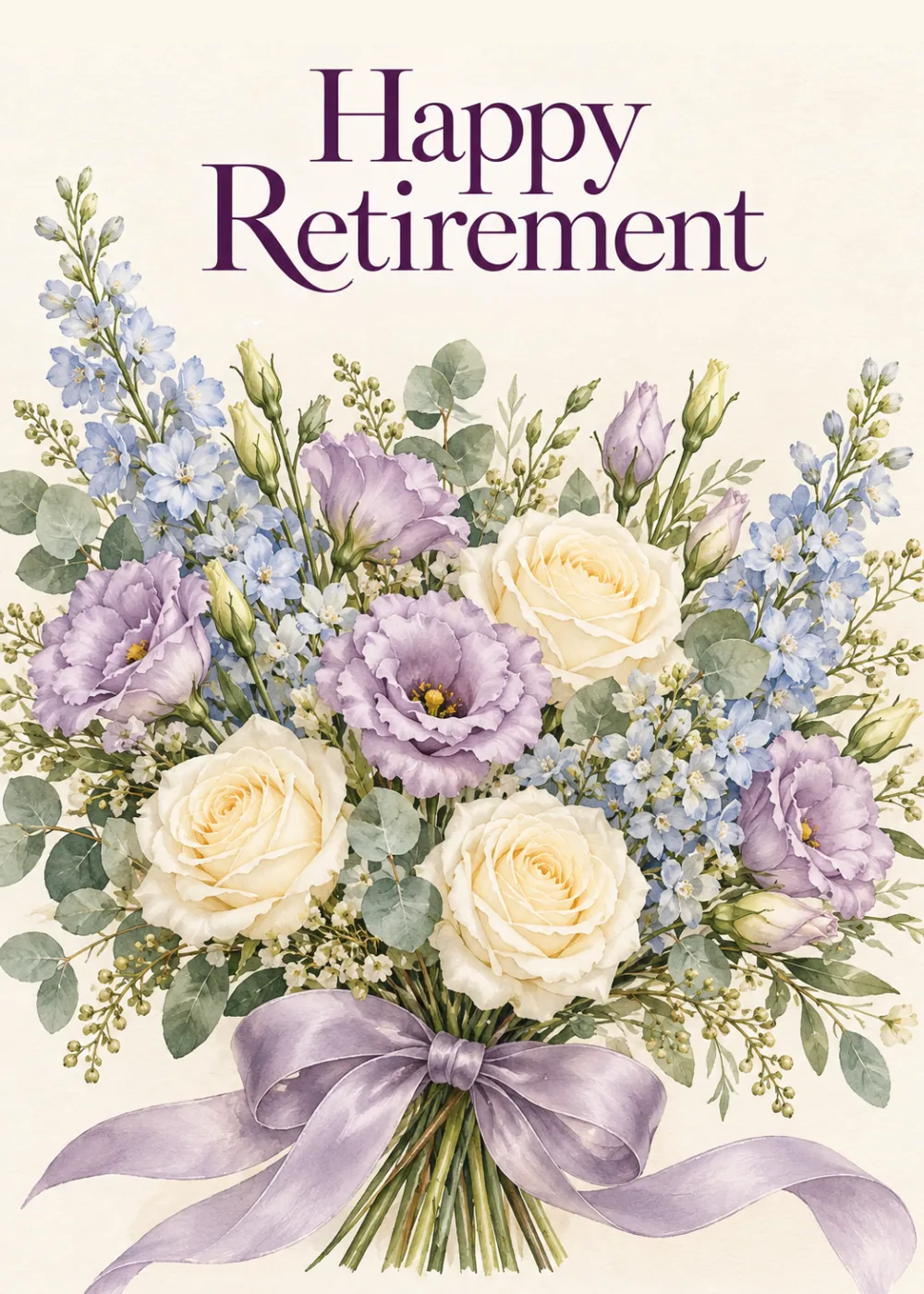 Bouquet of cream roses and lavender flowers tied with ribbon beneath Happy Retirement in serif lettering Bouquet of cream roses and lavender flowers tied with ribbon beneath Happy Retirement in serif lettering