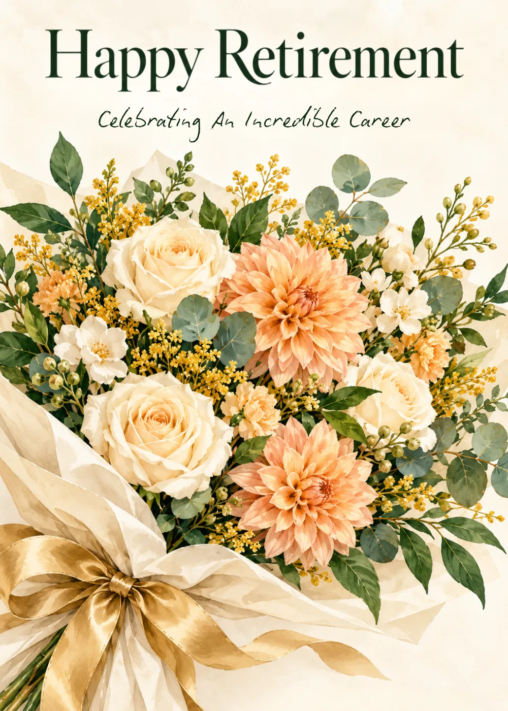 Peach dahlias and cream roses wrapped in satin with Happy Retirement Celebrating An Incredible Career Peach dahlias and cream roses wrapped in satin with Happy Retirement Celebrating An Incredible Career