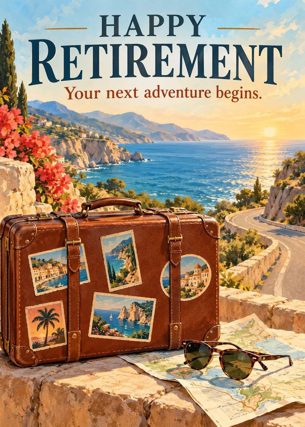 Vintage suitcase with travel stickers, map and sunglasses above a blue seaside with Happy Retirement lettering Vintage suitcase with travel stickers, map and sunglasses above a blue seaside with Happy Retirement lettering