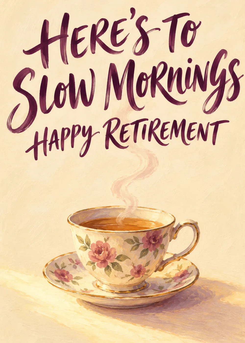 Steaming floral teacup on cream background with plum script Here's To Slow Mornings Happy Retirement Steaming floral teacup on cream background with plum script Here's To Slow Mornings Happy Retirement