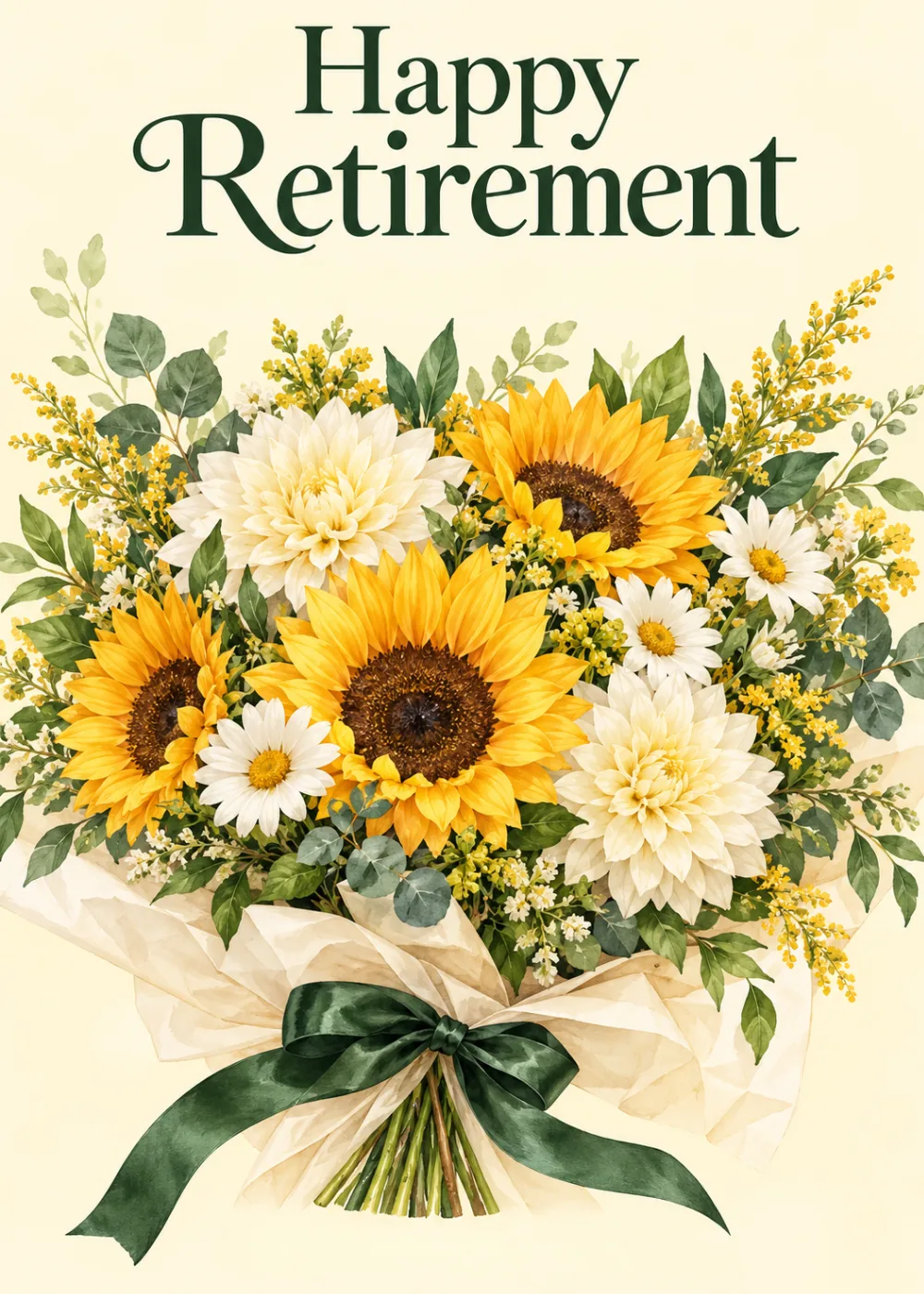 Bouquet of sunflowers and daisies tied with green ribbon beneath Happy Retirement in serif lettering Bouquet of sunflowers and daisies tied with green ribbon beneath Happy Retirement in serif lettering