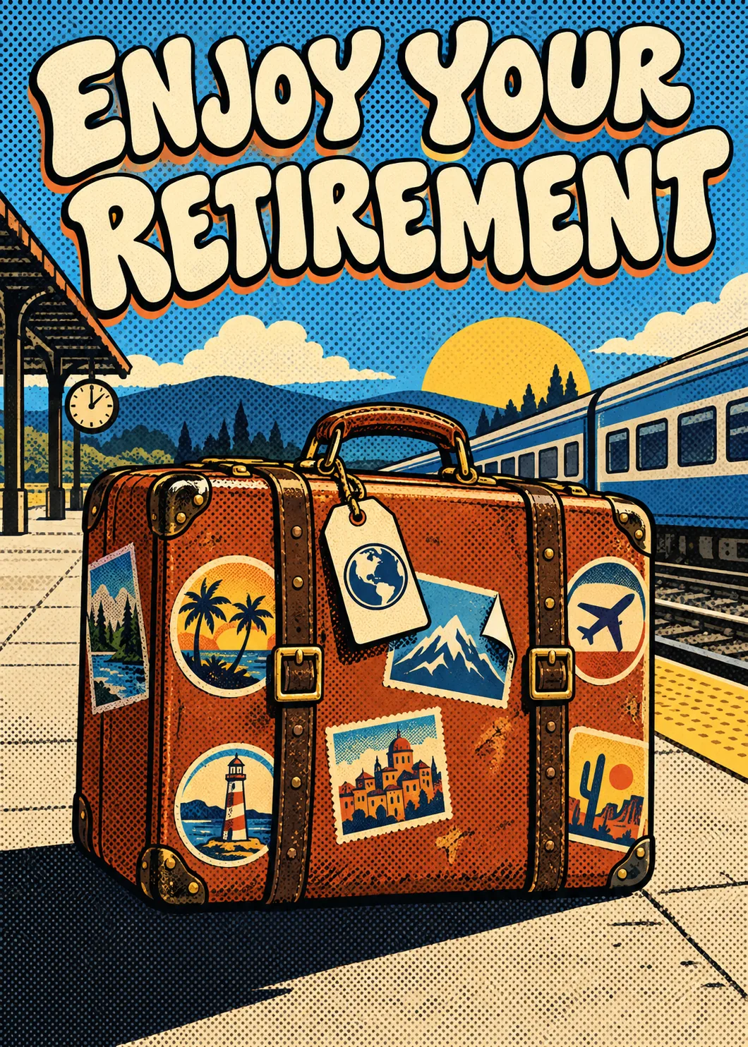 Retirement card with a vintage suitcase covered in travel stickers on a train platform, pop-art halftone in blue, orange
