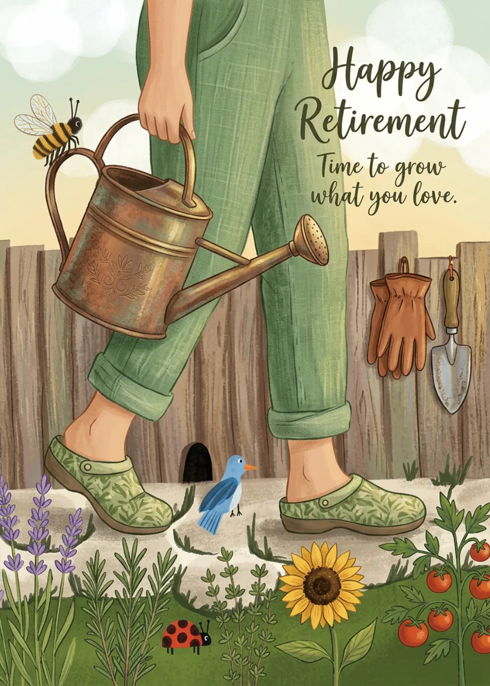 Gardener carrying a copper watering can through a sunny vegetable patch for a happy retirement