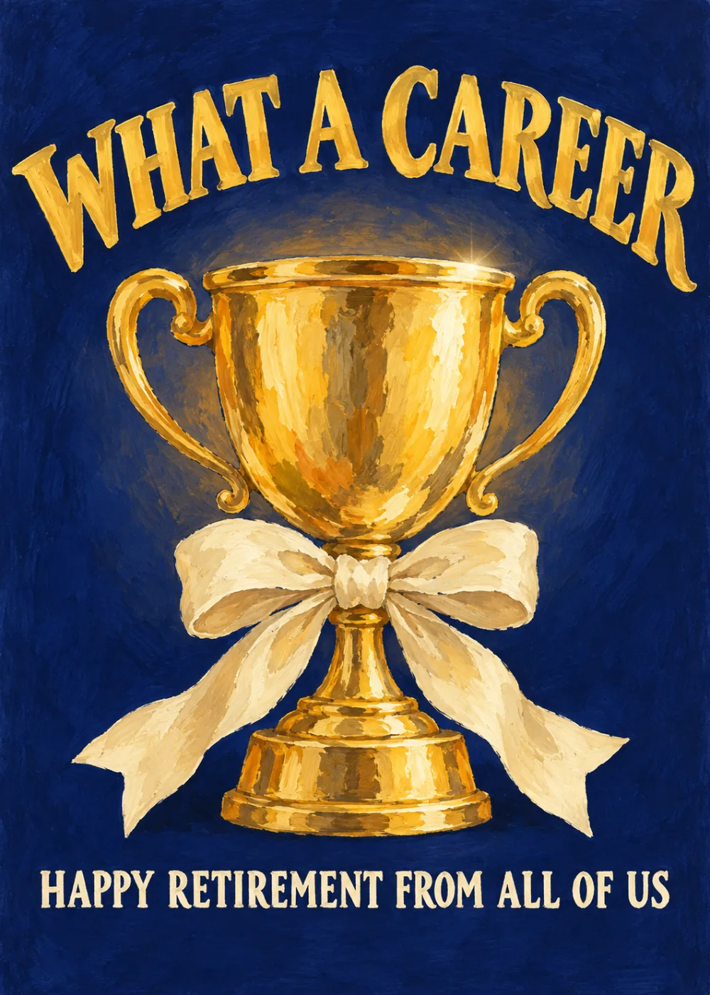 Gold trophy with cream ribbon on navy background reading What a Career Happy Retirement From All of Us