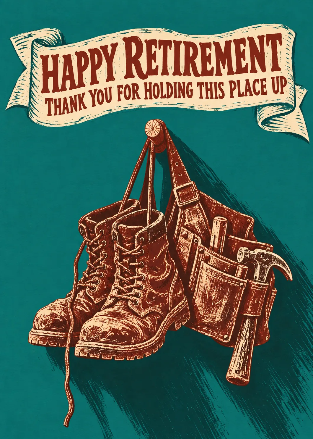 Happy Retirement thank you for holding this place up, worn work boots and tool belt with hammer hanging on a peg, teal Happy Retirement thank you for holding this place up, worn work boots and tool belt with hammer hanging on a peg, teal