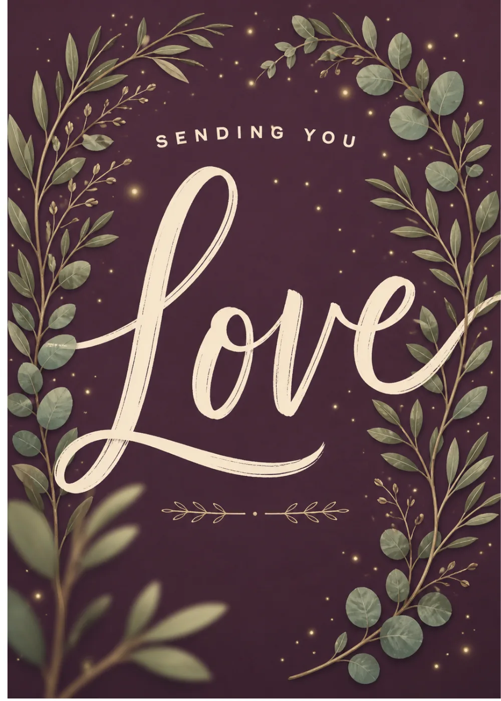 Ivory 'Love' script on deep plum background framed by eucalyptus leaves and gold sparkles