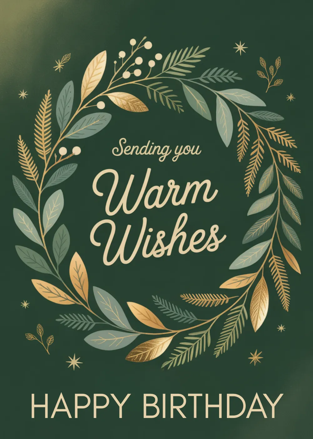 Elegant gold-style flowers on a dark green background with the text Sending you Warm Wishes.