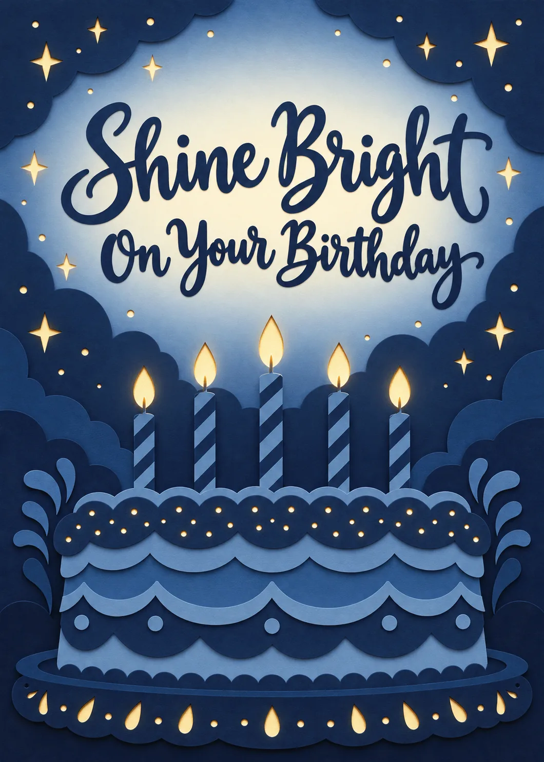 Papercut style blue birthday cake with lit candles under a starry sky and script shine bright on your birthday
