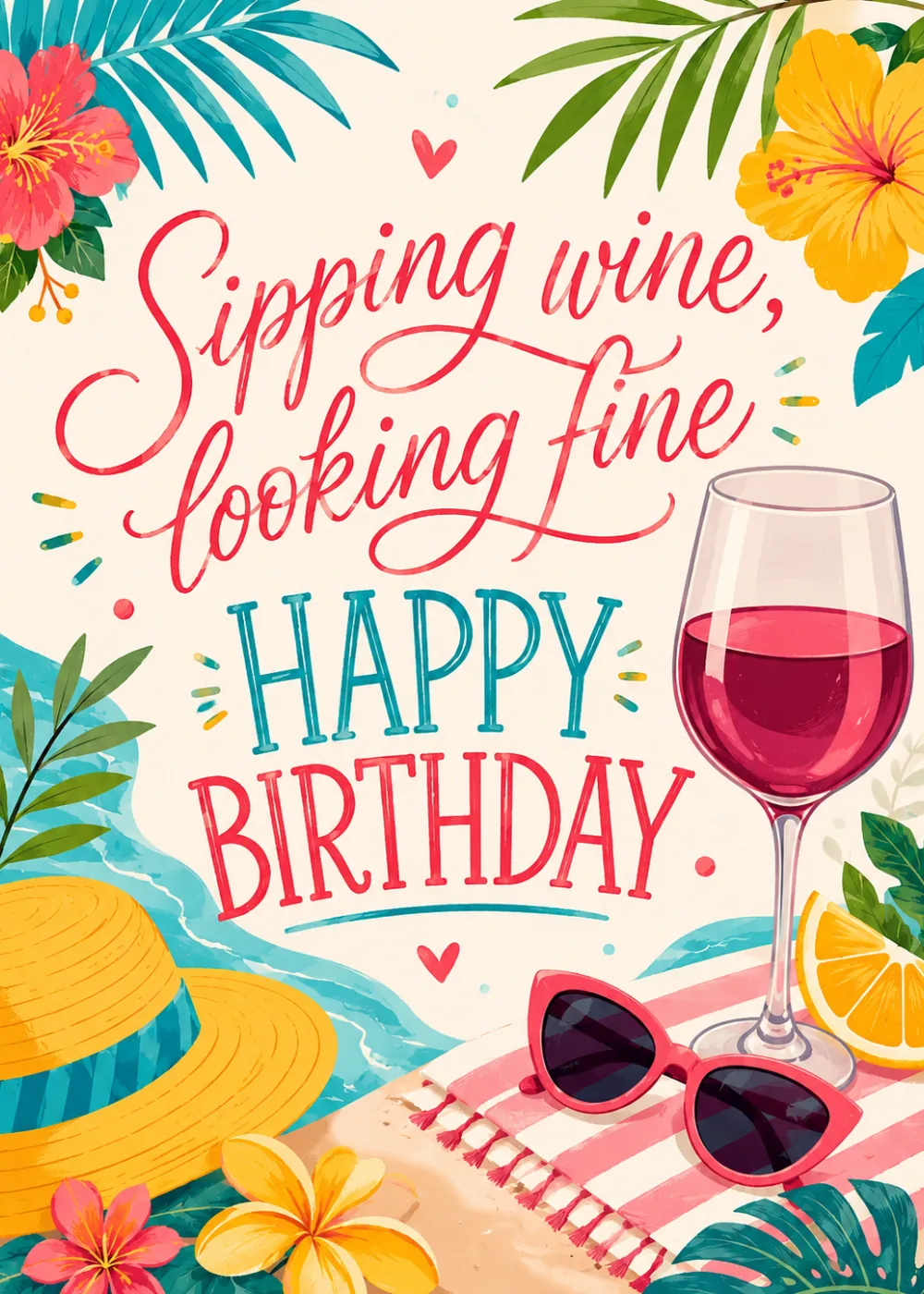 Birthday card with a wine glass, sunglasses, sun hat and tropical flowers in a beach scene