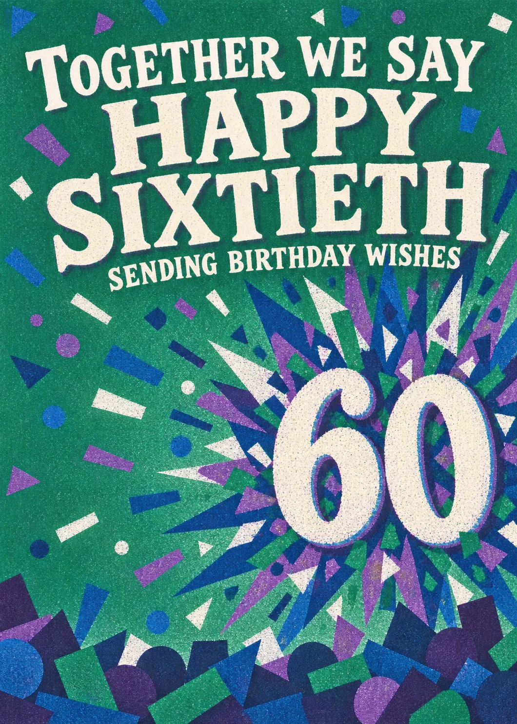 Together we say Happy Sixtieth with a large 60 in a green, blue and purple confetti starburst Together we say Happy Sixtieth with a large 60 in a green, blue and purple confetti starburst