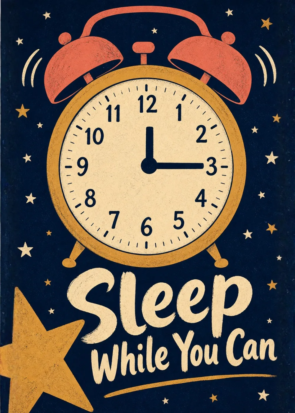 Retro illustrated alarm clock ringing at three a.m. under a starry midnight sky with bold lettering