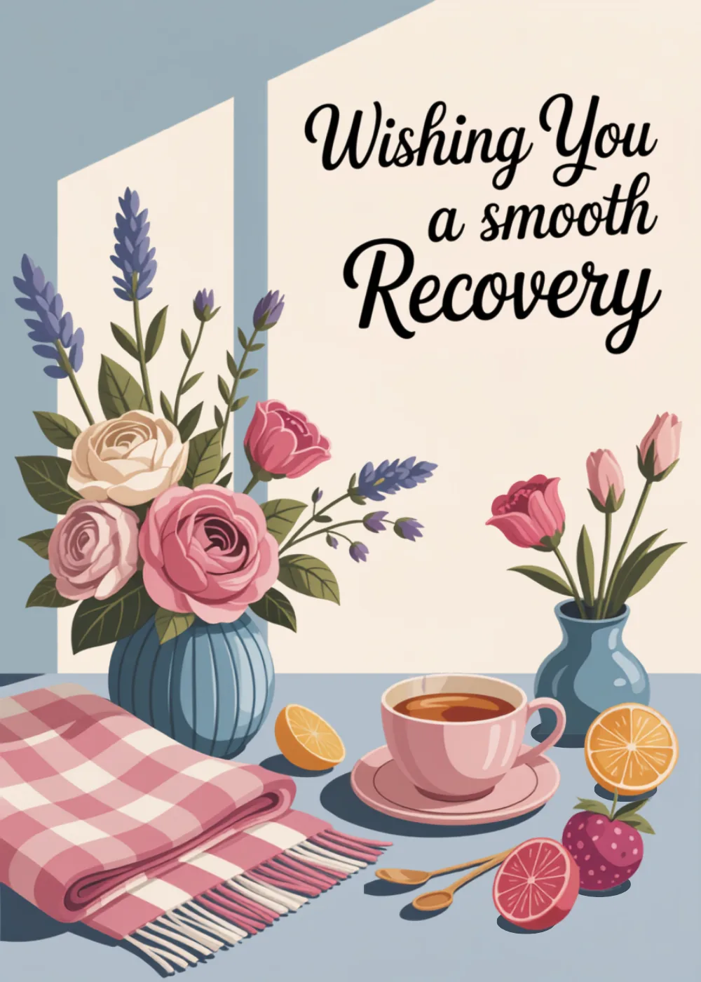 Floral card with roses, tulips, tea, and citrus reading Wishing You a smooth Recovery