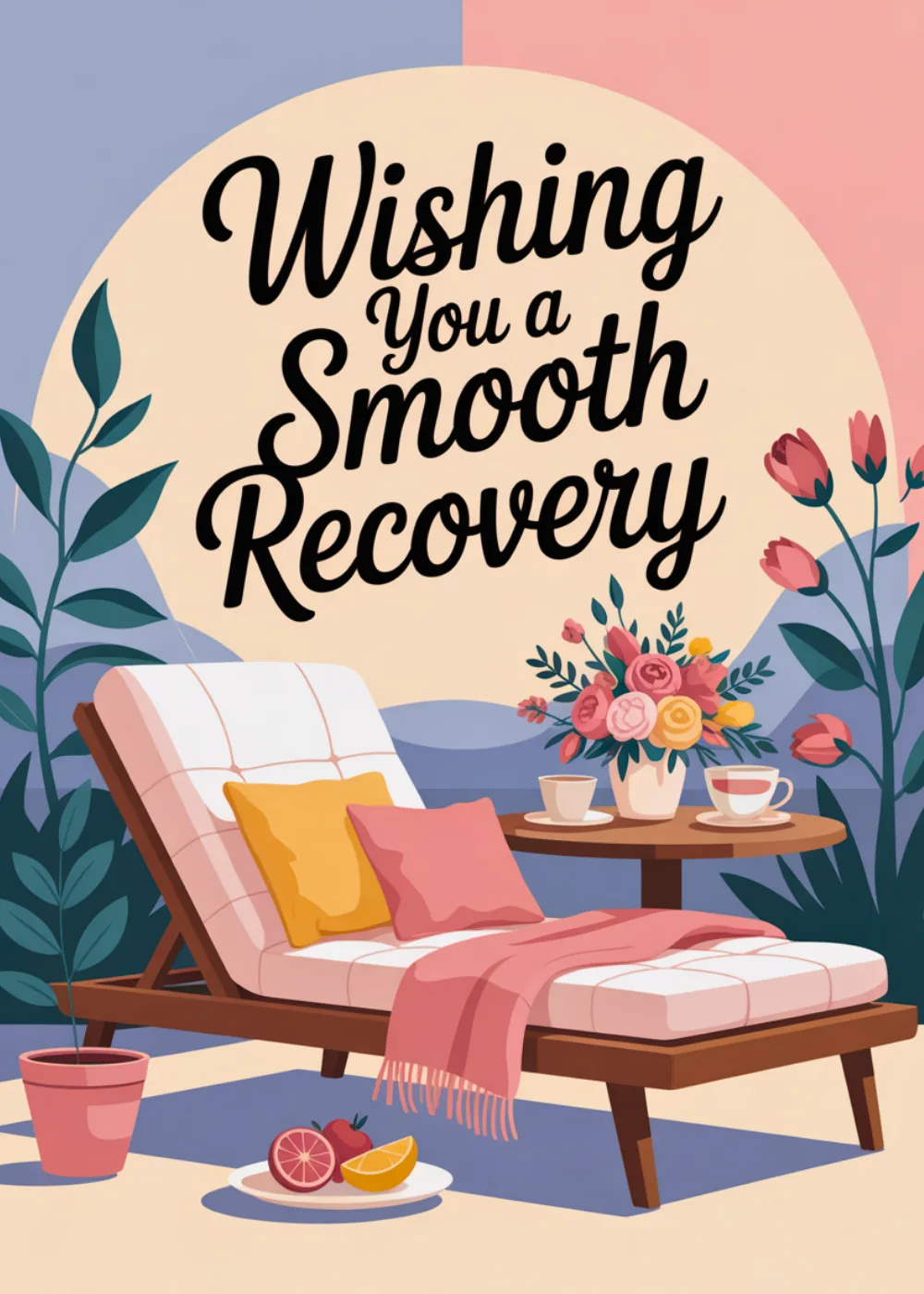 Lounge chair with blanket, tea and flowers beside bold Wishing You a Smooth Recovery lettering