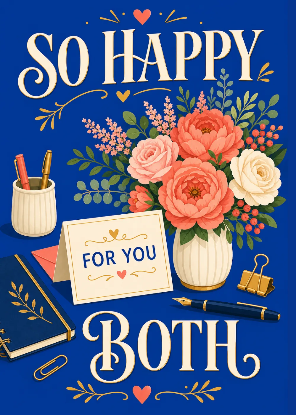 Blush and coral peony bouquet with a For You note card on a cobalt background