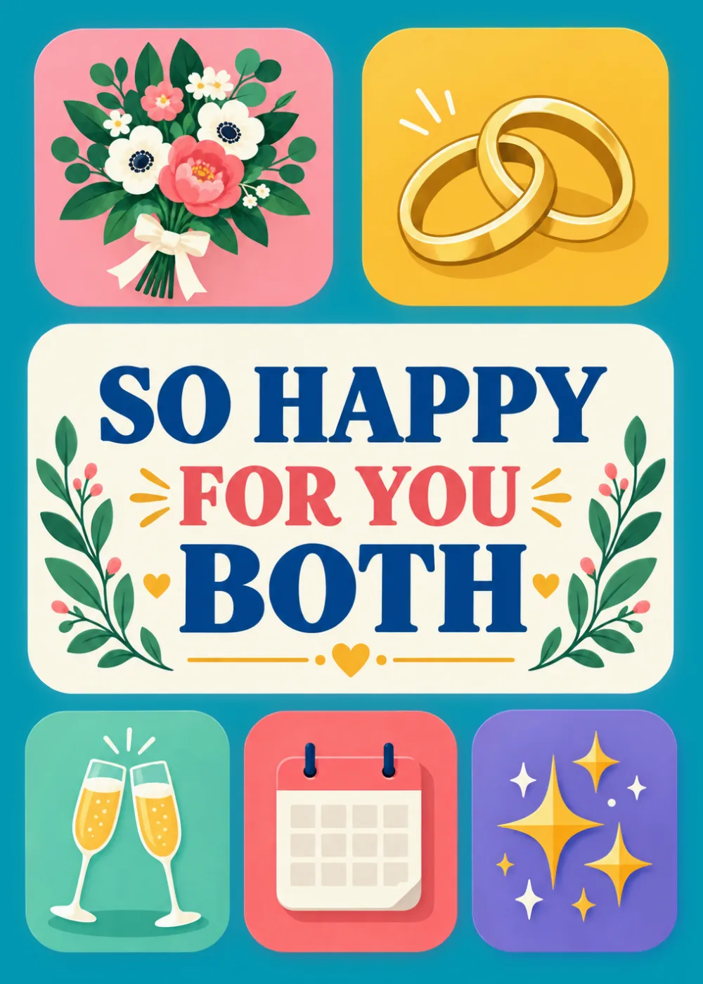 Colorful grid of wedding icons: bouquet, rings, champagne toast, and sparkles