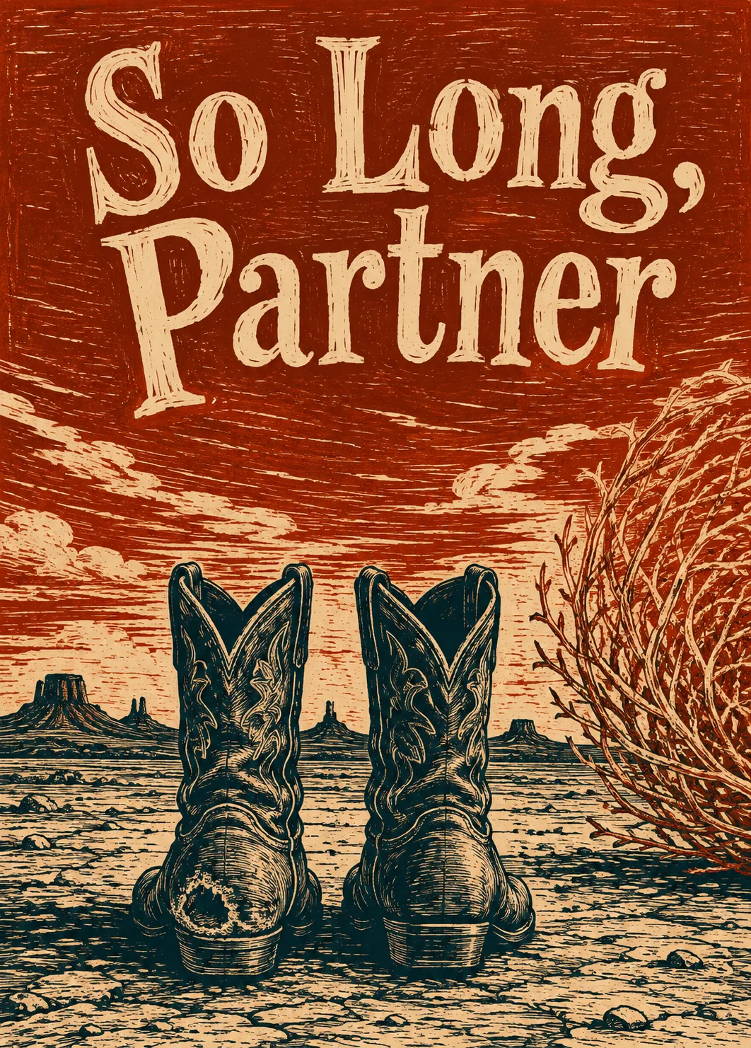 Weathered cowboy boots standing in a red desert sunset with 'So Long, Partner' text Weathered cowboy boots standing in a red desert sunset with 'So Long, Partner' text