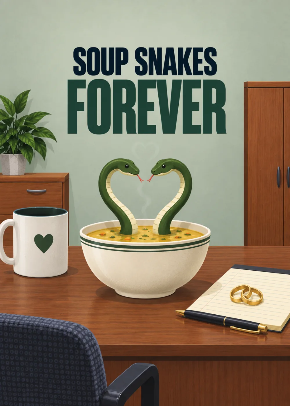 Two snakes forming a heart in a soup bowl on an office desk with wedding rings nearby