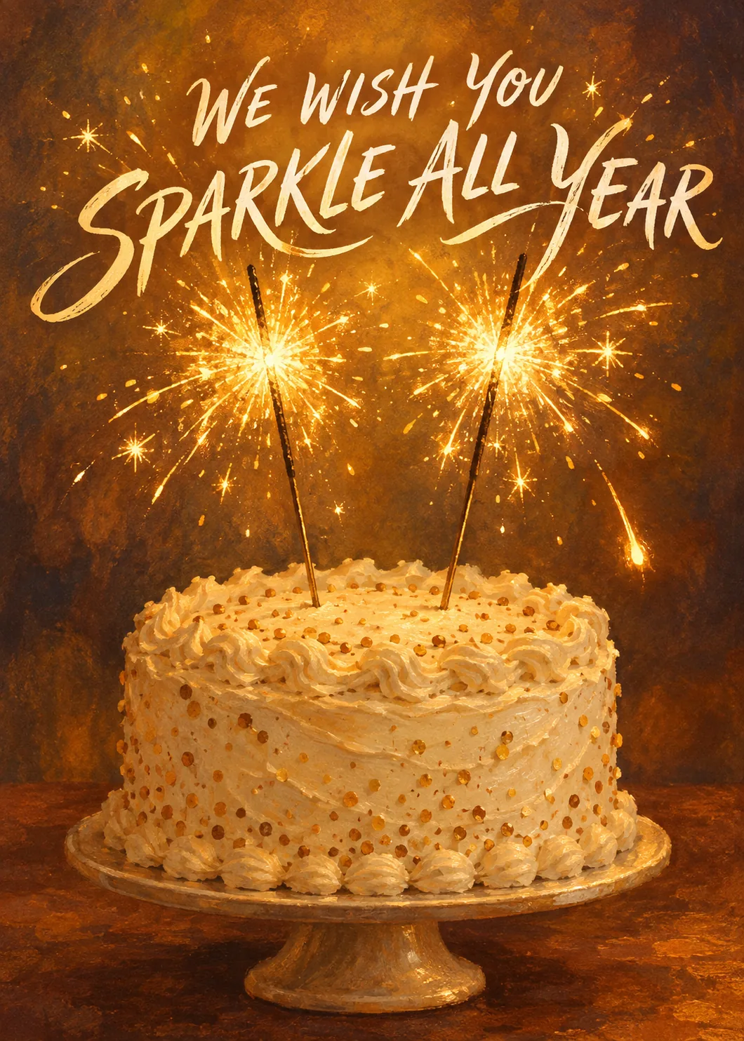 Golden frosted birthday cake with sparklers on warm amber background and script we wish you sparkle all year Golden frosted birthday cake with sparklers on warm amber background and script we wish you sparkle all year