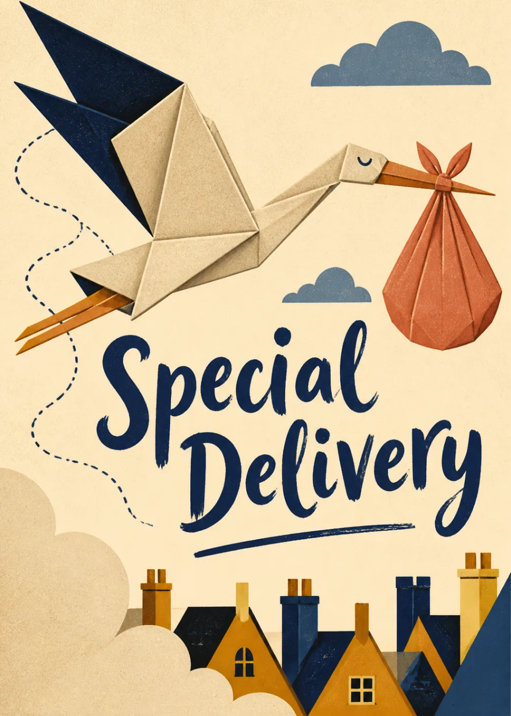 Newborn baby announcement with an origami stork carrying a coral bundle over rooftops