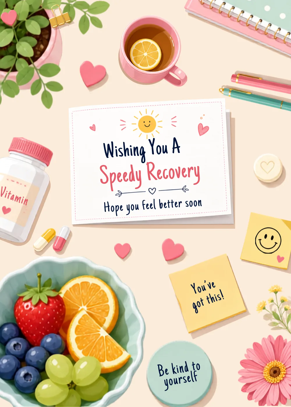 Flat lay of fruit, vitamins and sticky notes around a Wishing You A Speedy Recovery card