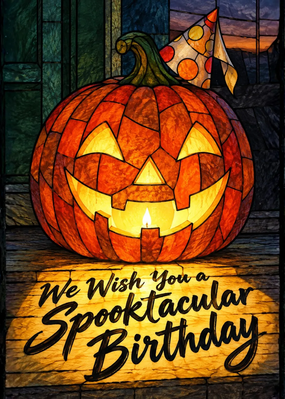 Glowing jack-o'-lantern in a stained glass frame with text we wish you a spooktacular birthday Glowing jack-o'-lantern in a stained glass frame with text we wish you a spooktacular birthday