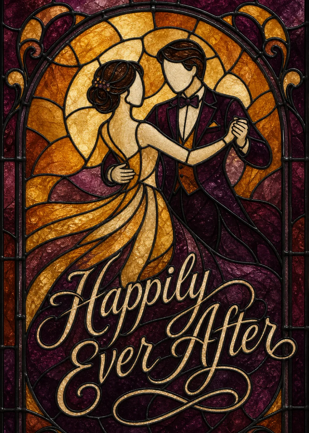 Stained glass illustration of a wedding couple dancing in amber and plum tones under an arched window