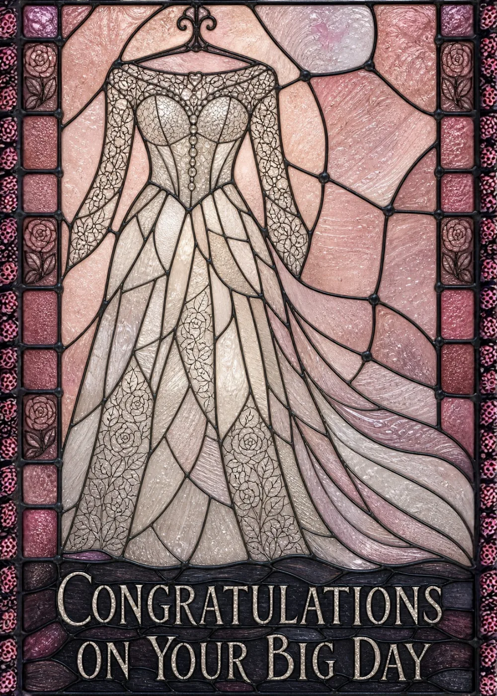 Stained glass style wedding gown illustration with rose border and Congratulations on Your Big Day text