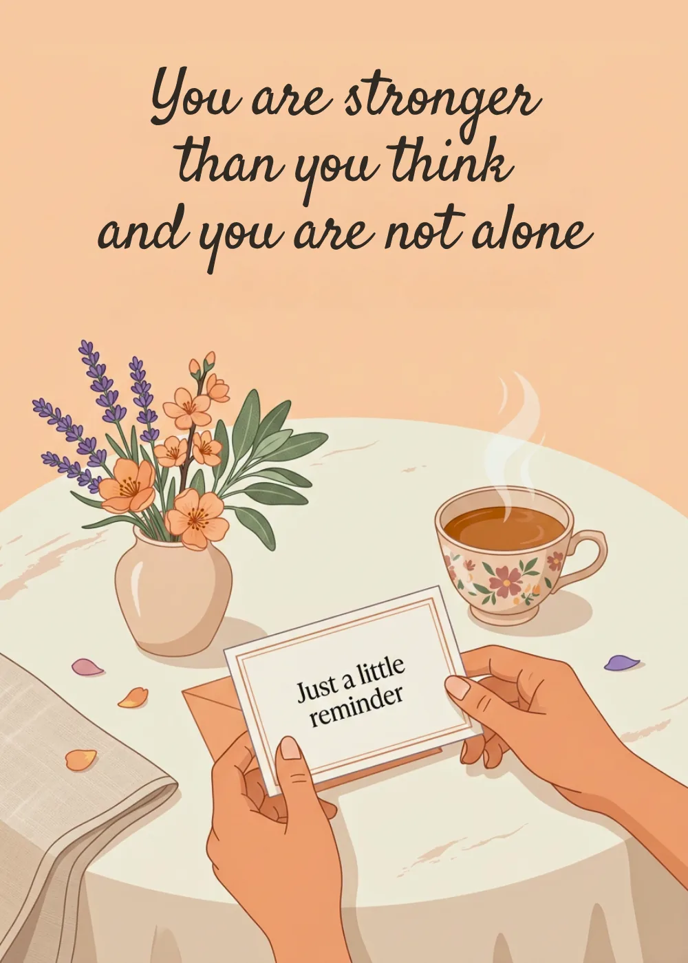 Hands holding a reminder note beside flowers and tea with You are stronger than you think and not alone
