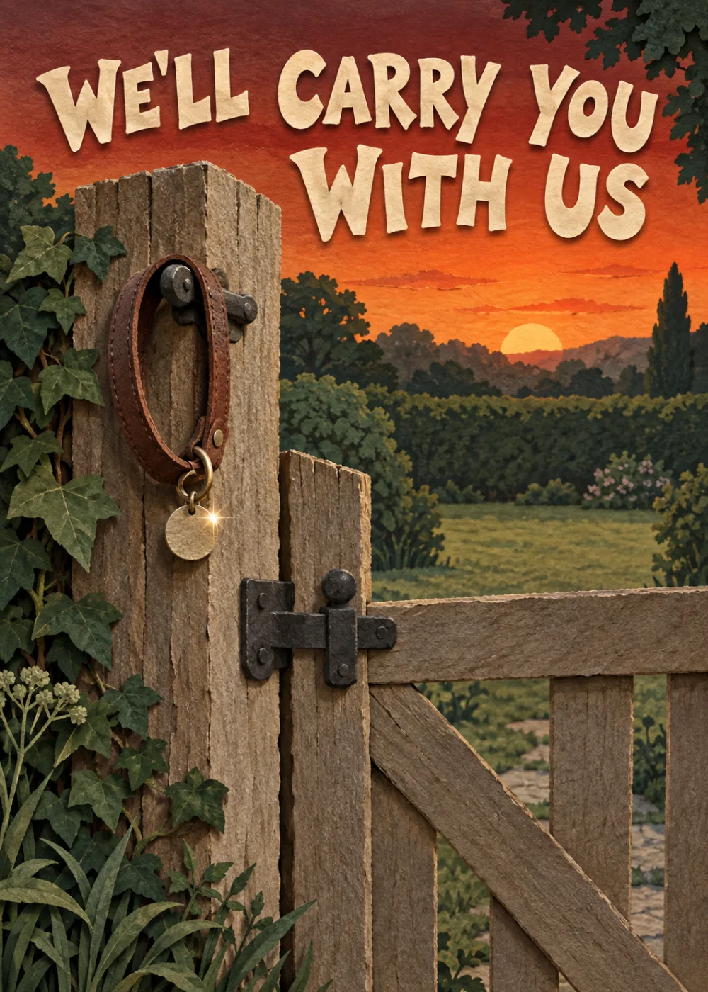 Leather collar with gold tag hanging on a wooden garden gate at orange sunset with We'll Carry You With Us
