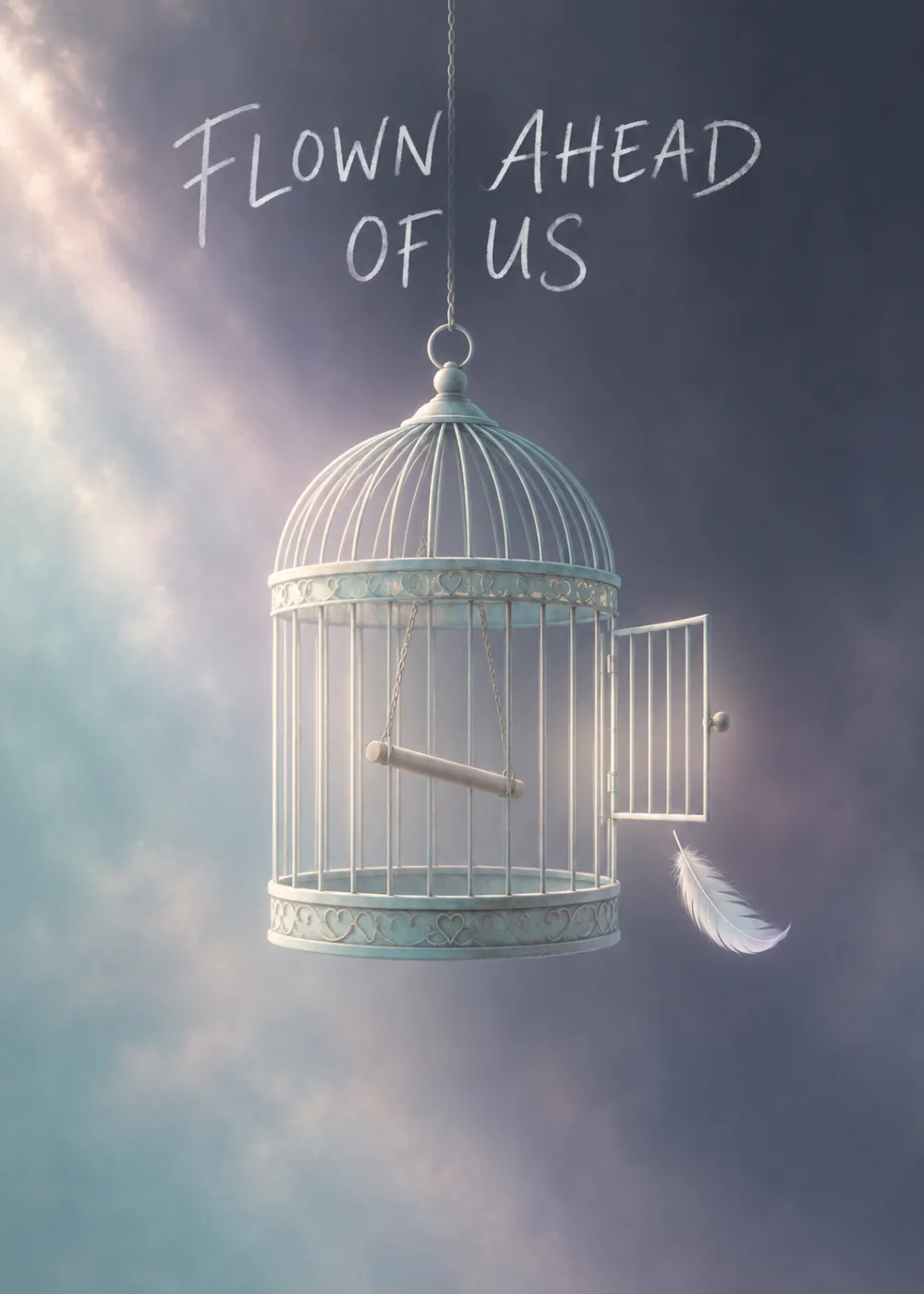 Open white birdcage with floating white feather against soft cloudy sky with Flown Ahead of Us text Open white birdcage with floating white feather against soft cloudy sky with Flown Ahead of Us text