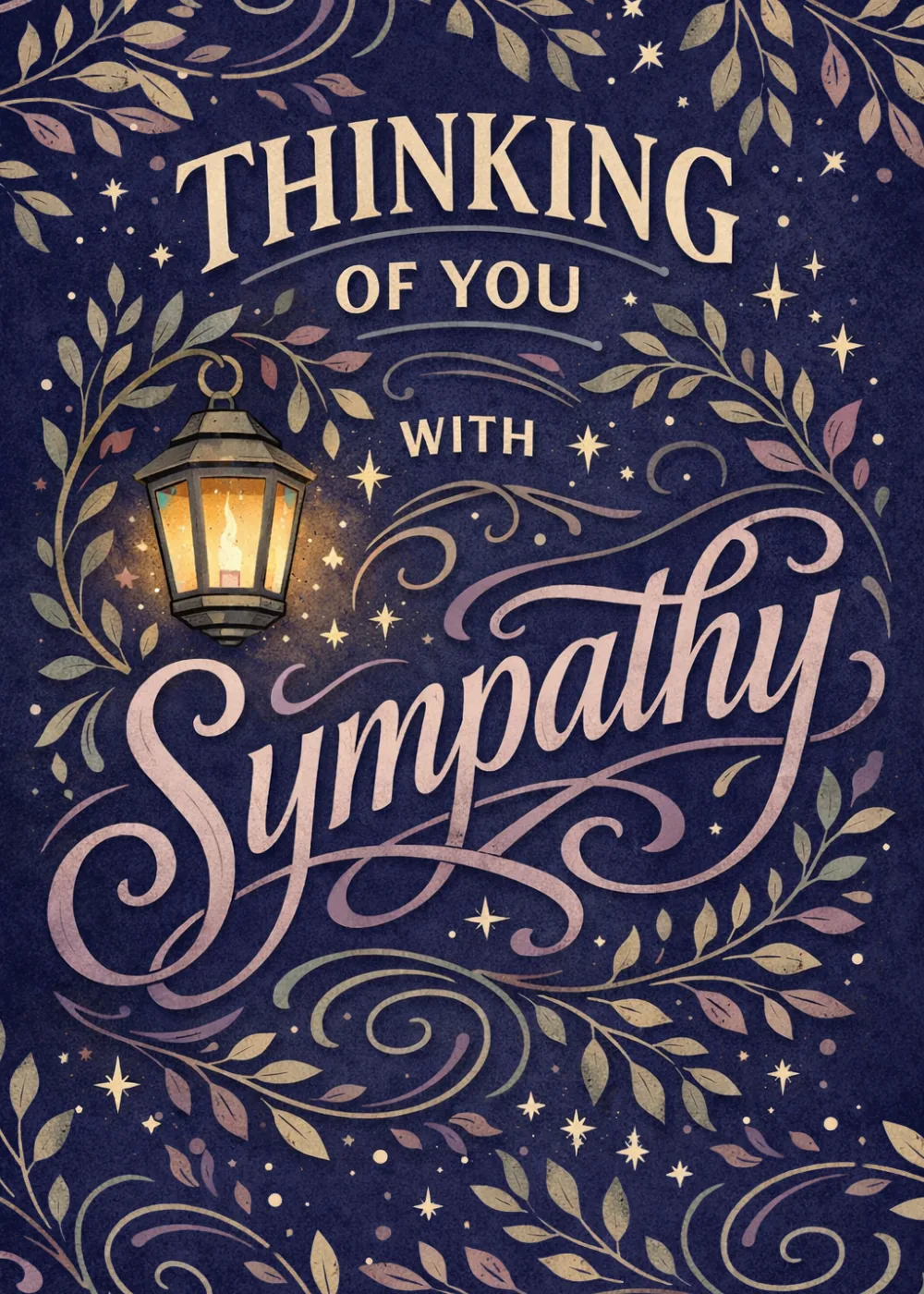 Glowing lantern among leafy swirls on deep navy with Thinking Of You With Sympathy script
