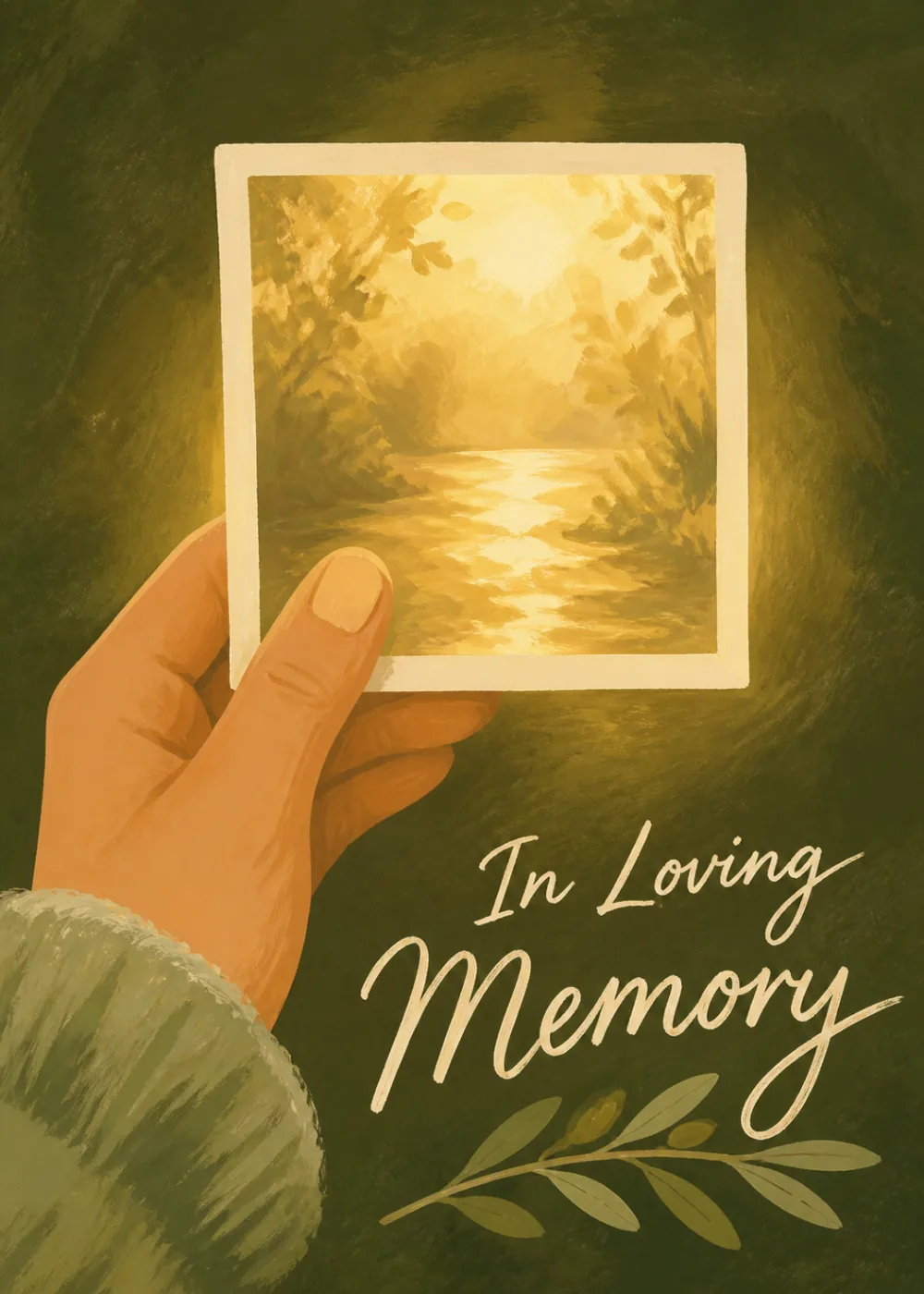 Hand holding a glowing polaroid of a golden sunlit river with In Loving Memory script and olive branch