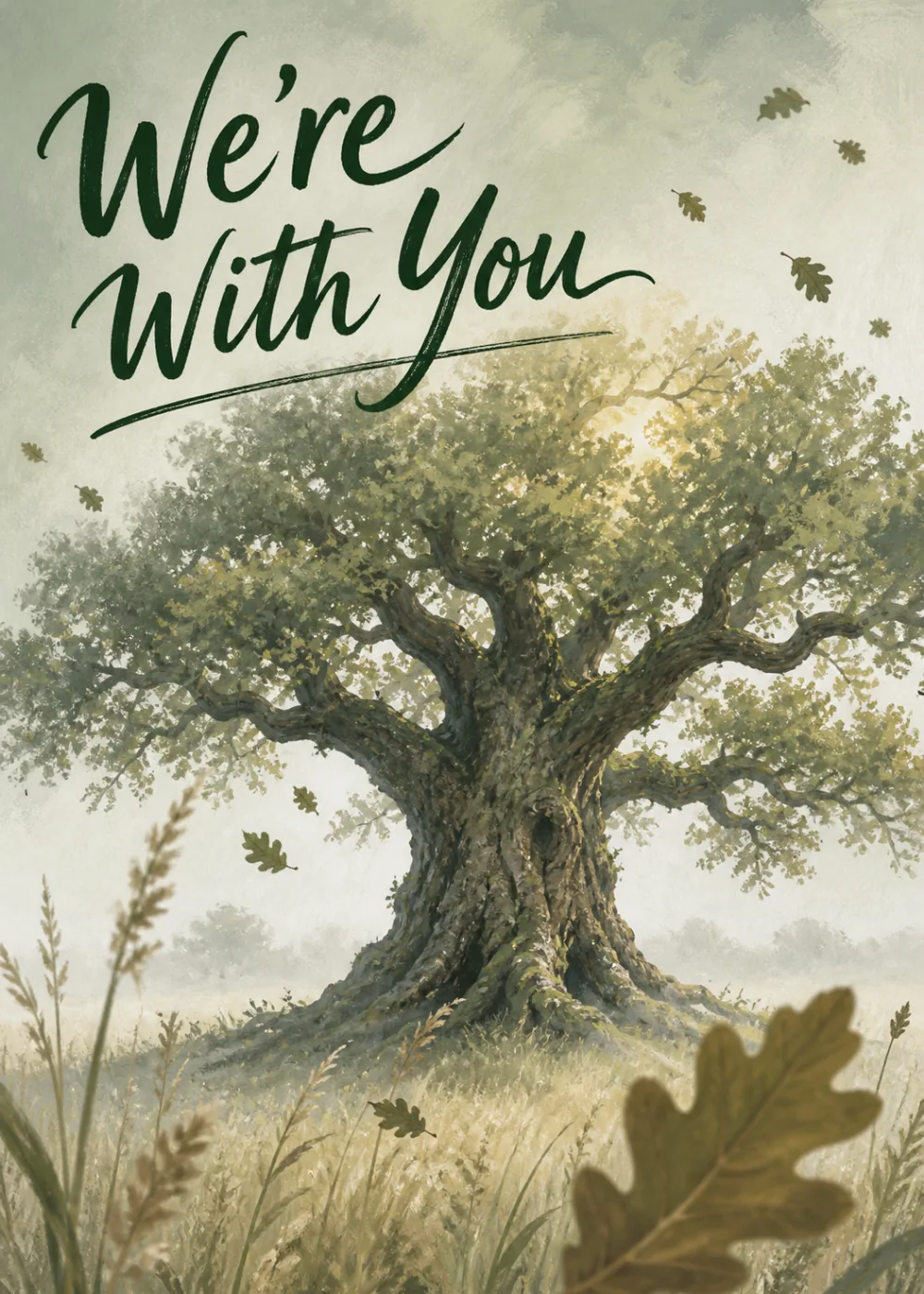 Sympathy design of a painterly oak tree with falling leaves in a golden field