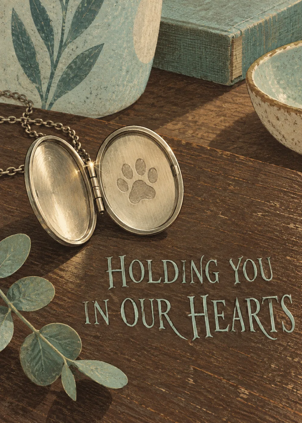 Open silver locket with paw print on wooden table with eucalyptus and Holding You In Our Hearts text