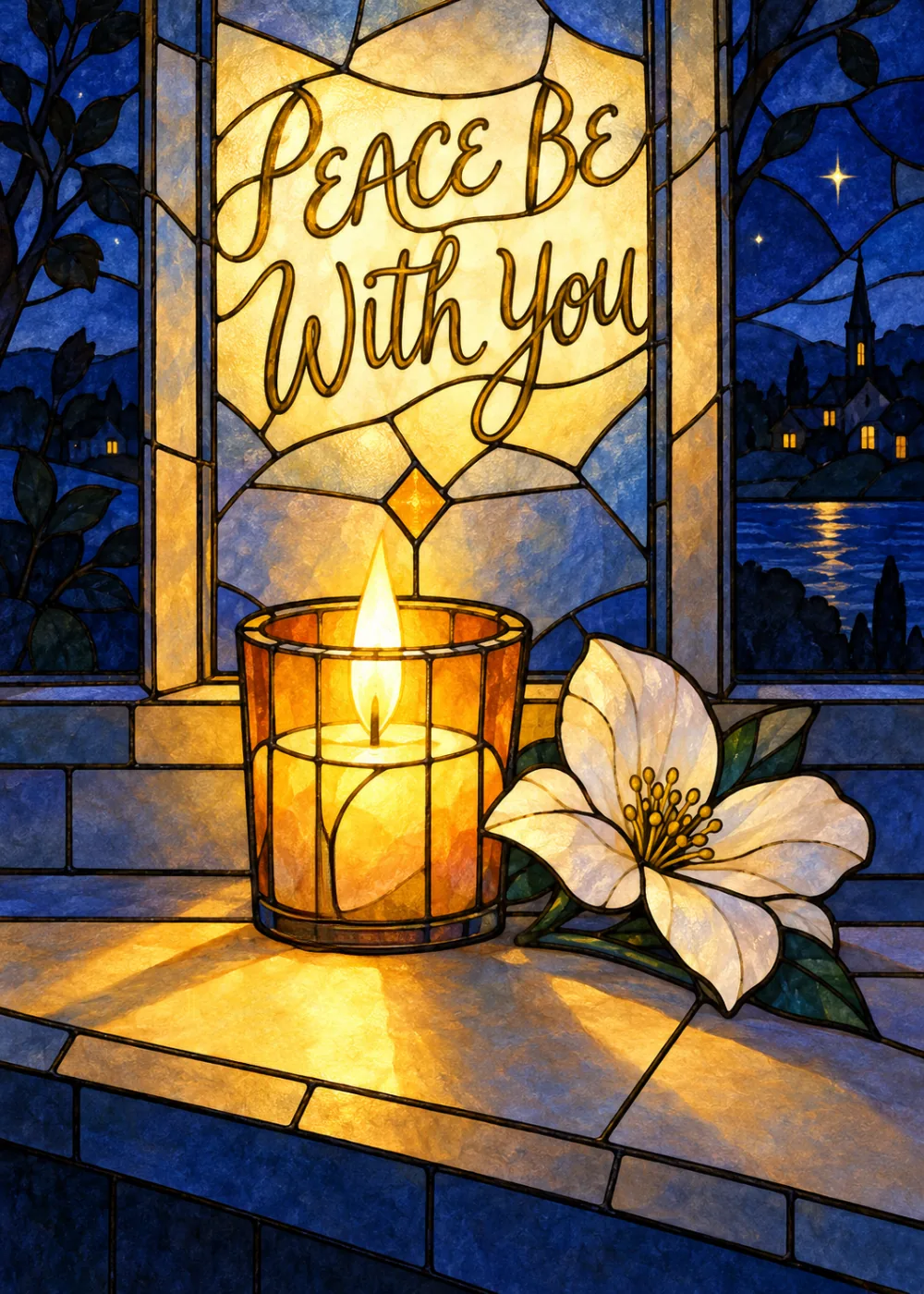 Glowing candle and white lily beneath a stained glass window reading Peace Be With You at night