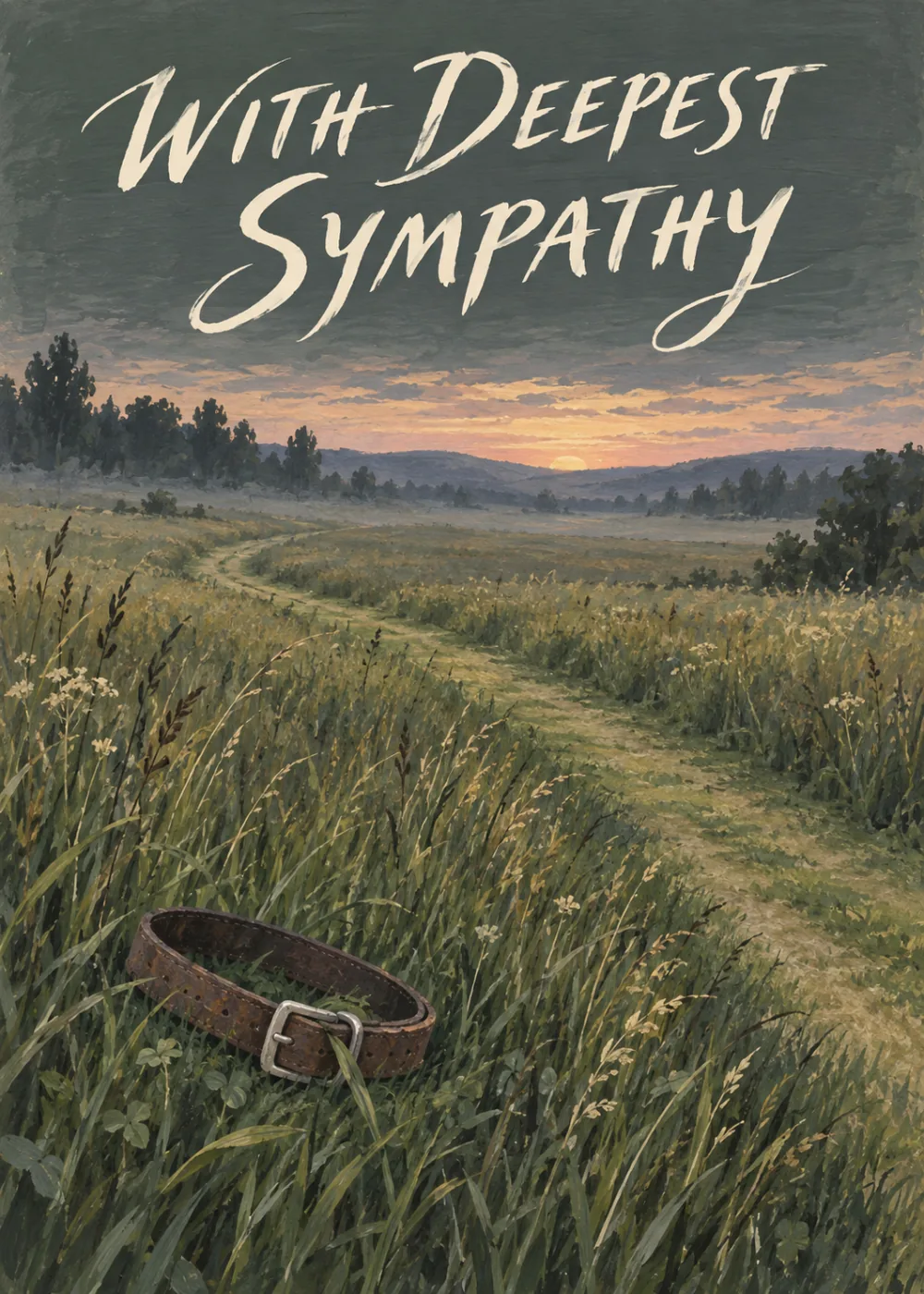 Worn leather pet collar in meadow grass by a winding path at sunset with With Deepest Sympathy script Worn leather pet collar in meadow grass by a winding path at sunset with With Deepest Sympathy script