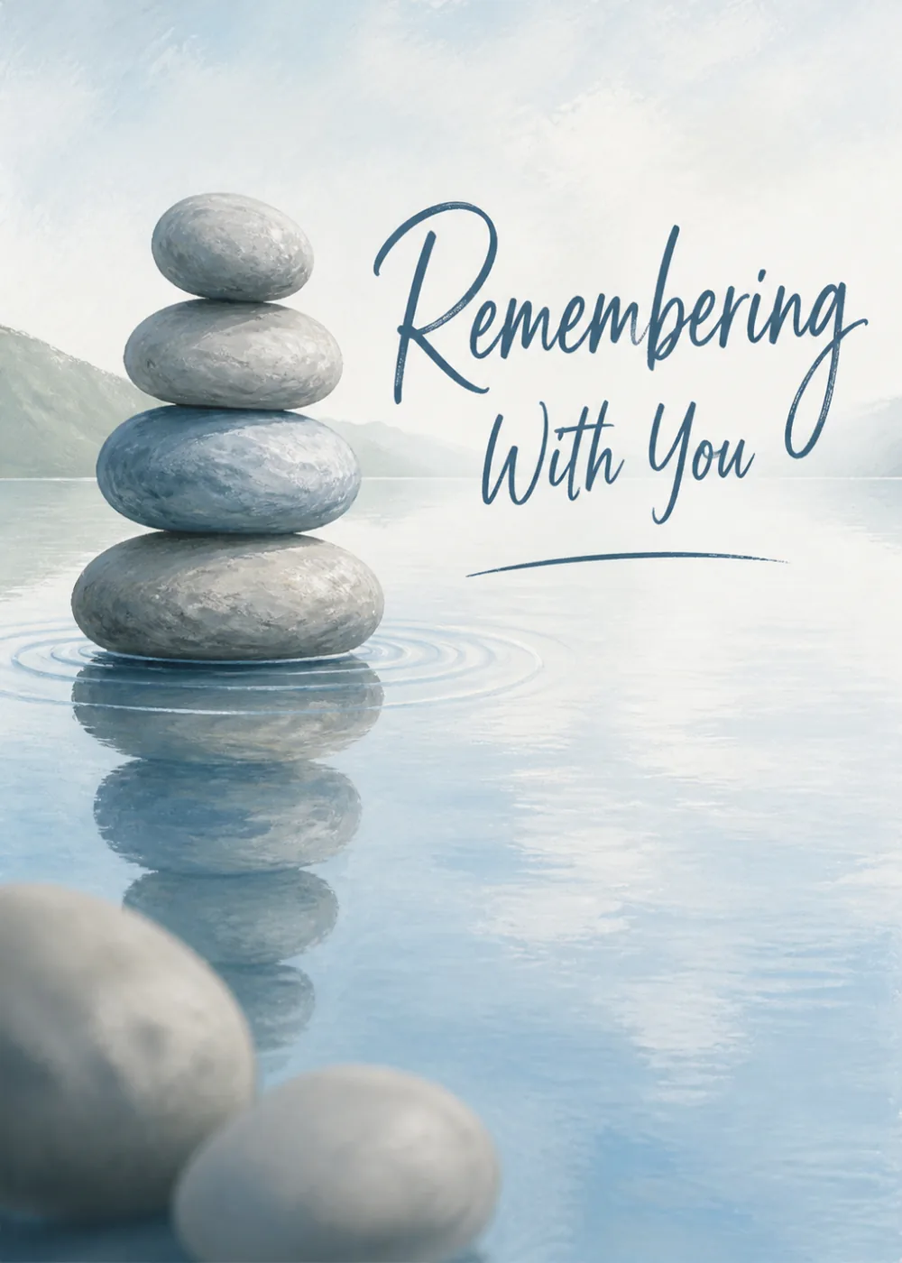Balanced gray stone cairn reflected in calm blue water with 'Remembering With You' script