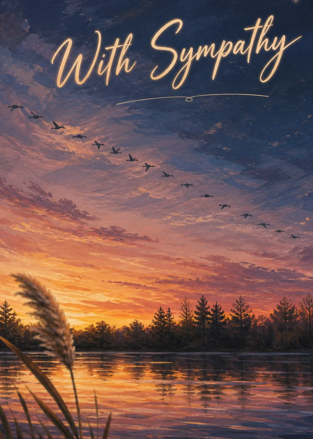 Sunset sky over a still lake with birds flying in formation and silhouetted pines