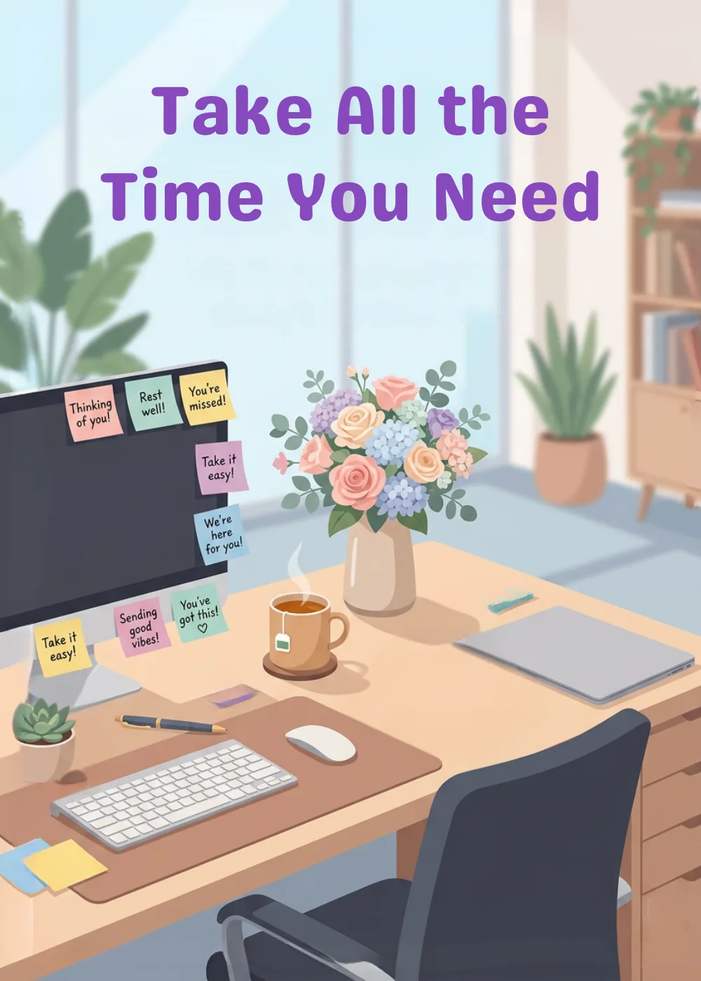 Home workspace with flowers and coffee, Take All The Time You Need