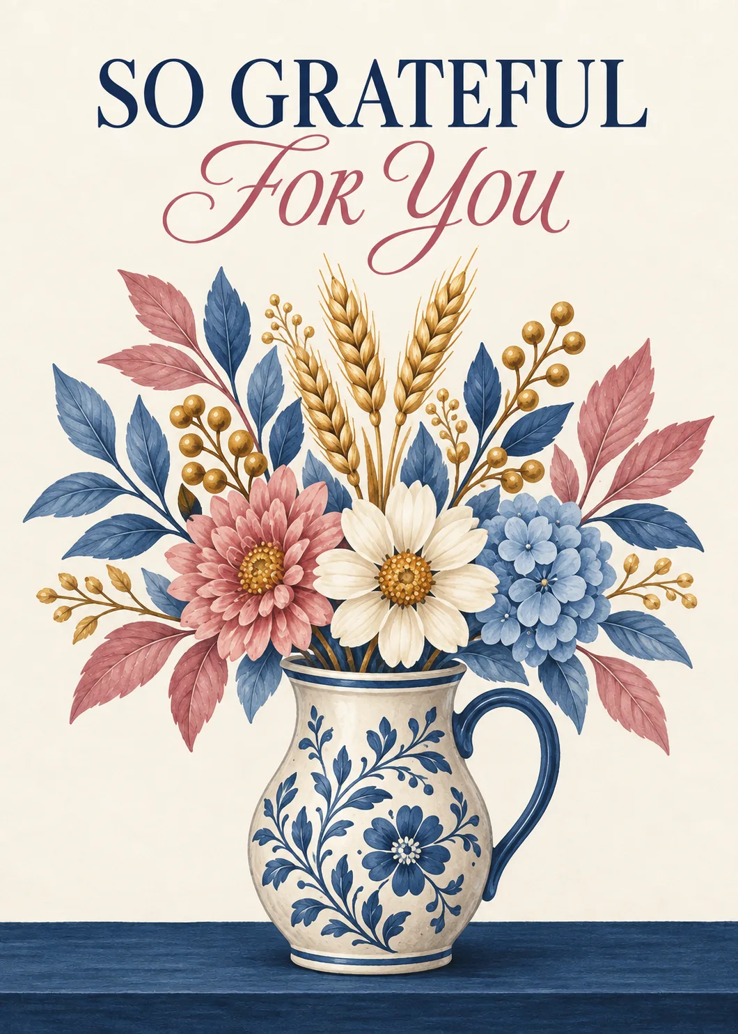 Thank you card with a blue and white painted pitcher holding pink, cream and blue flowers with golden wheat Thank you card with a blue and white painted pitcher holding pink, cream and blue flowers with golden wheat
