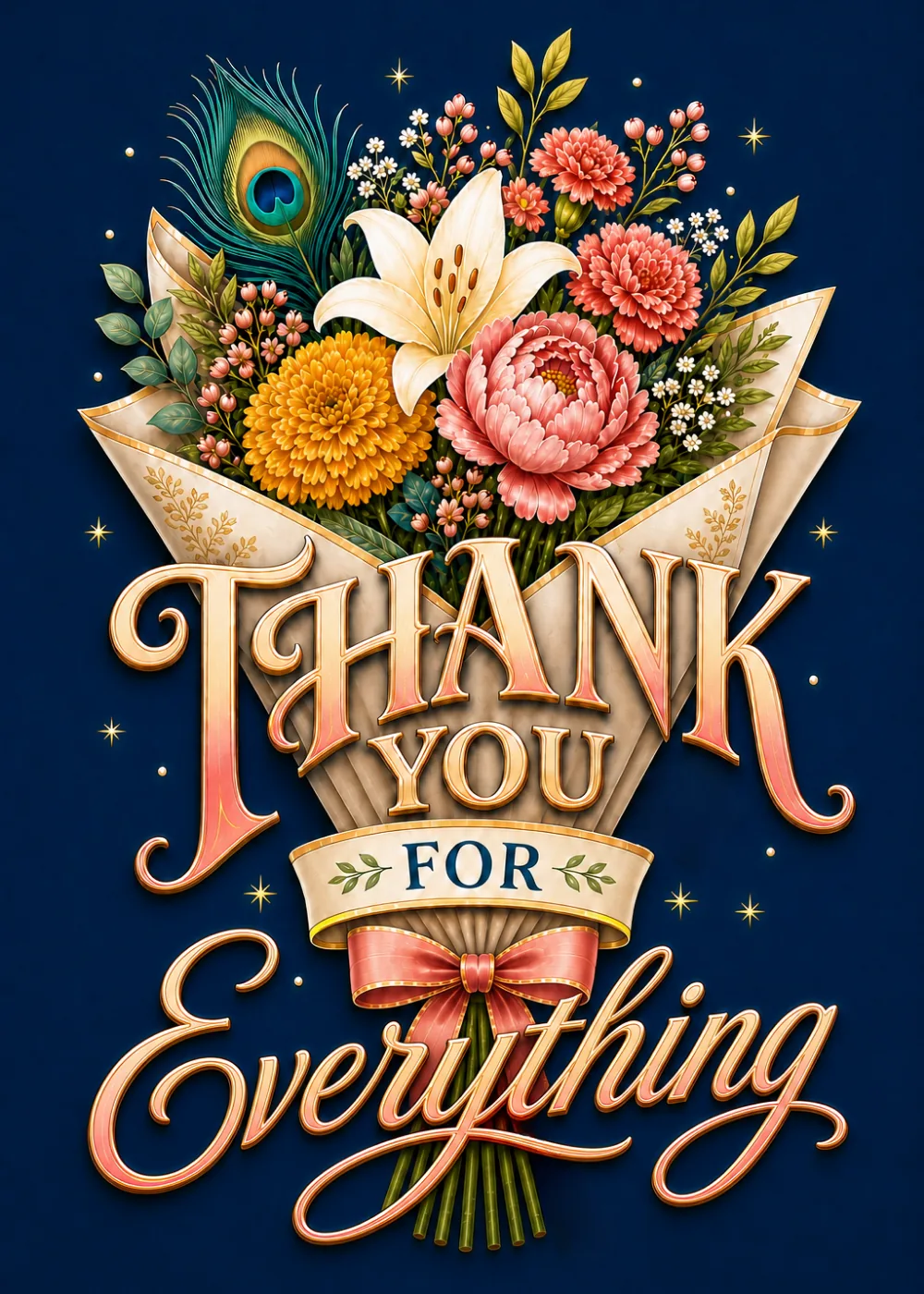 Ornate bouquet with lily, marigold and peacock feather above Thank You For Everything type