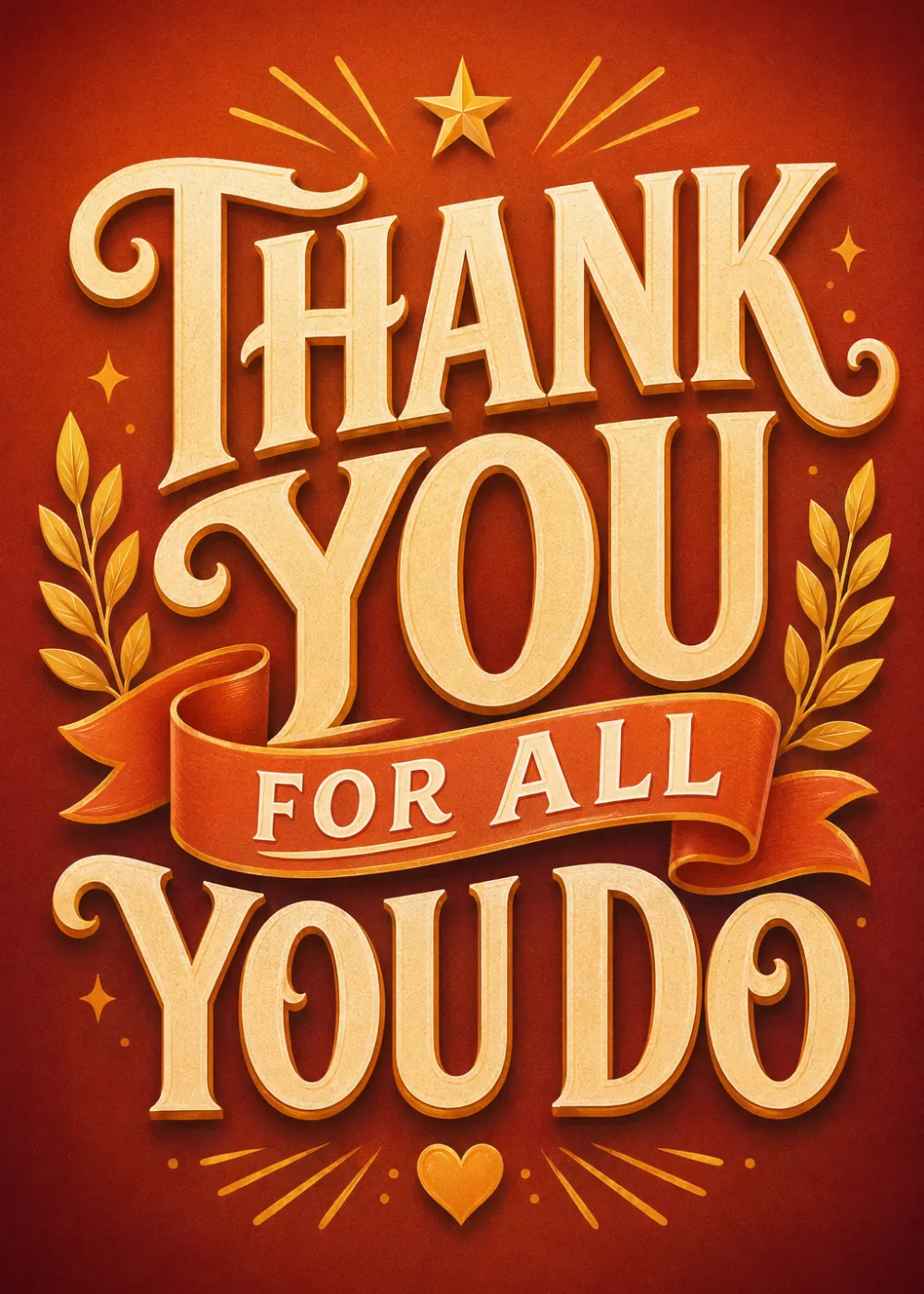 Cream and gold Thank You For All You Do lettering with laurel leaves on deep red