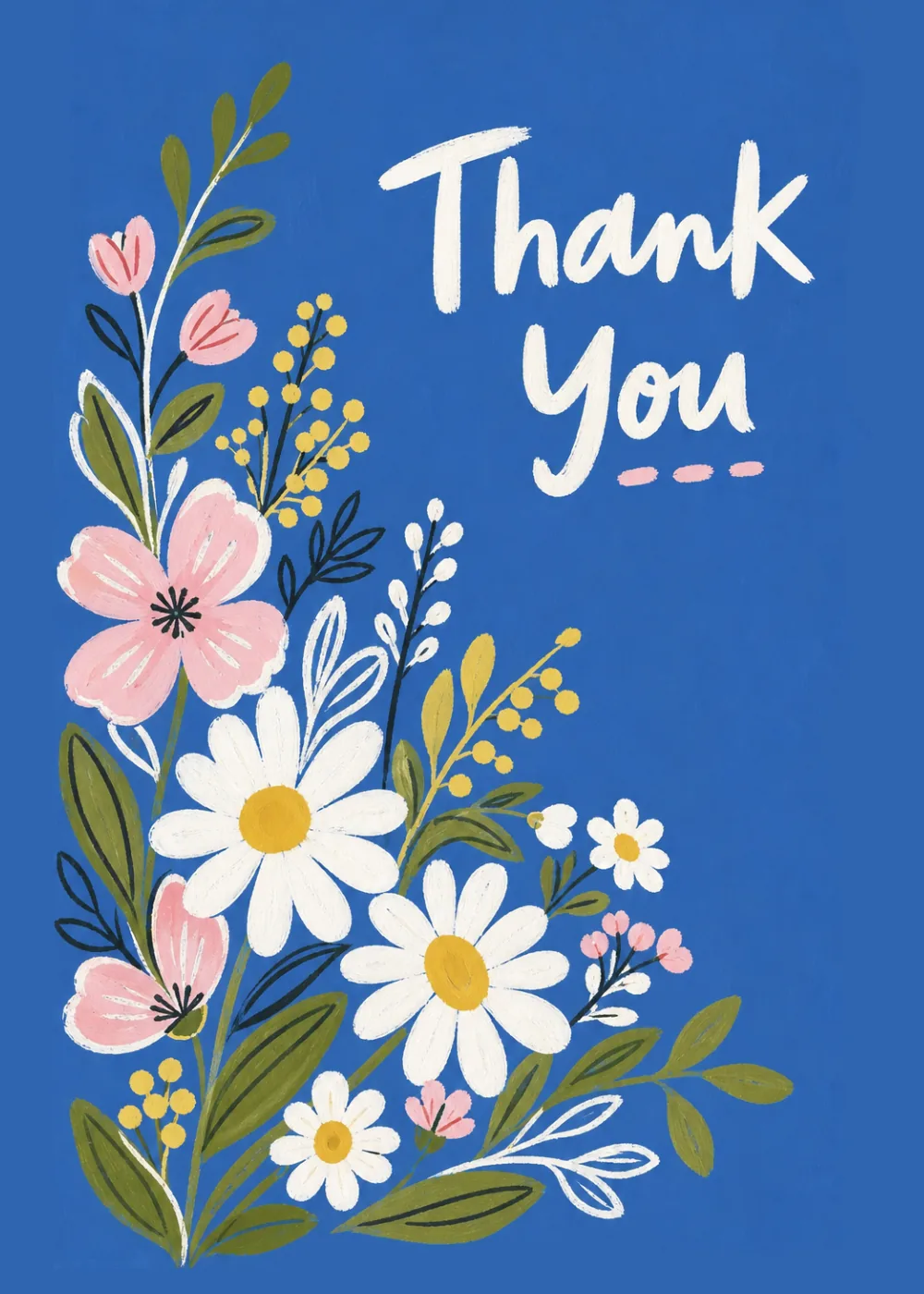 Folk art daisies and pink blooms on cobalt blue with white Thank You brush script