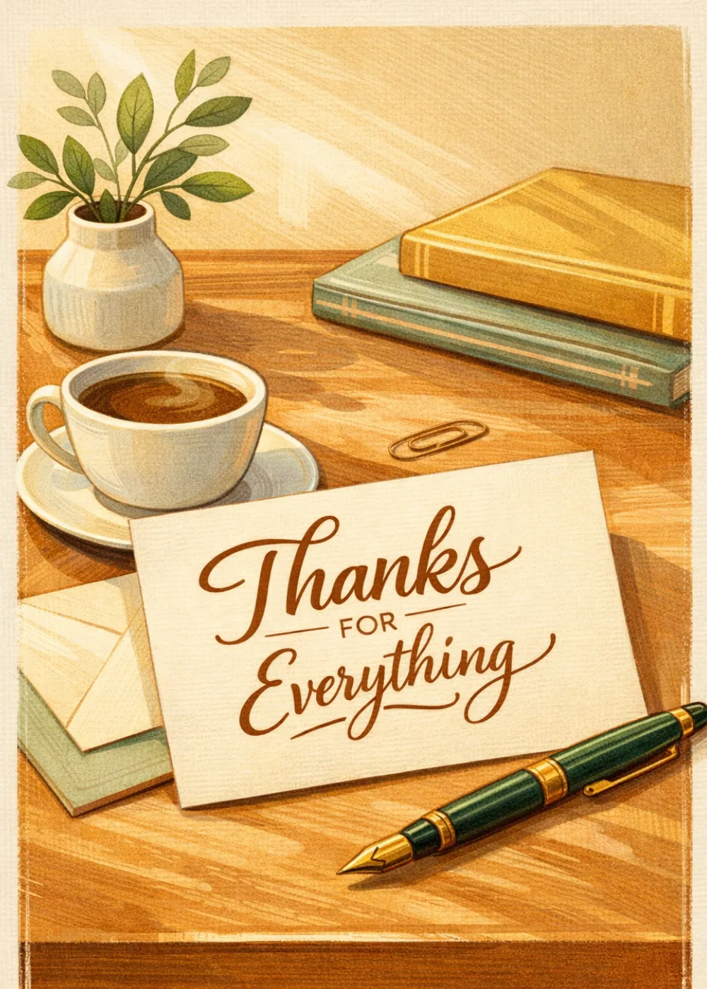 Handwritten Thanks For Everything note with coffee, fountain pen and books on a wooden desk