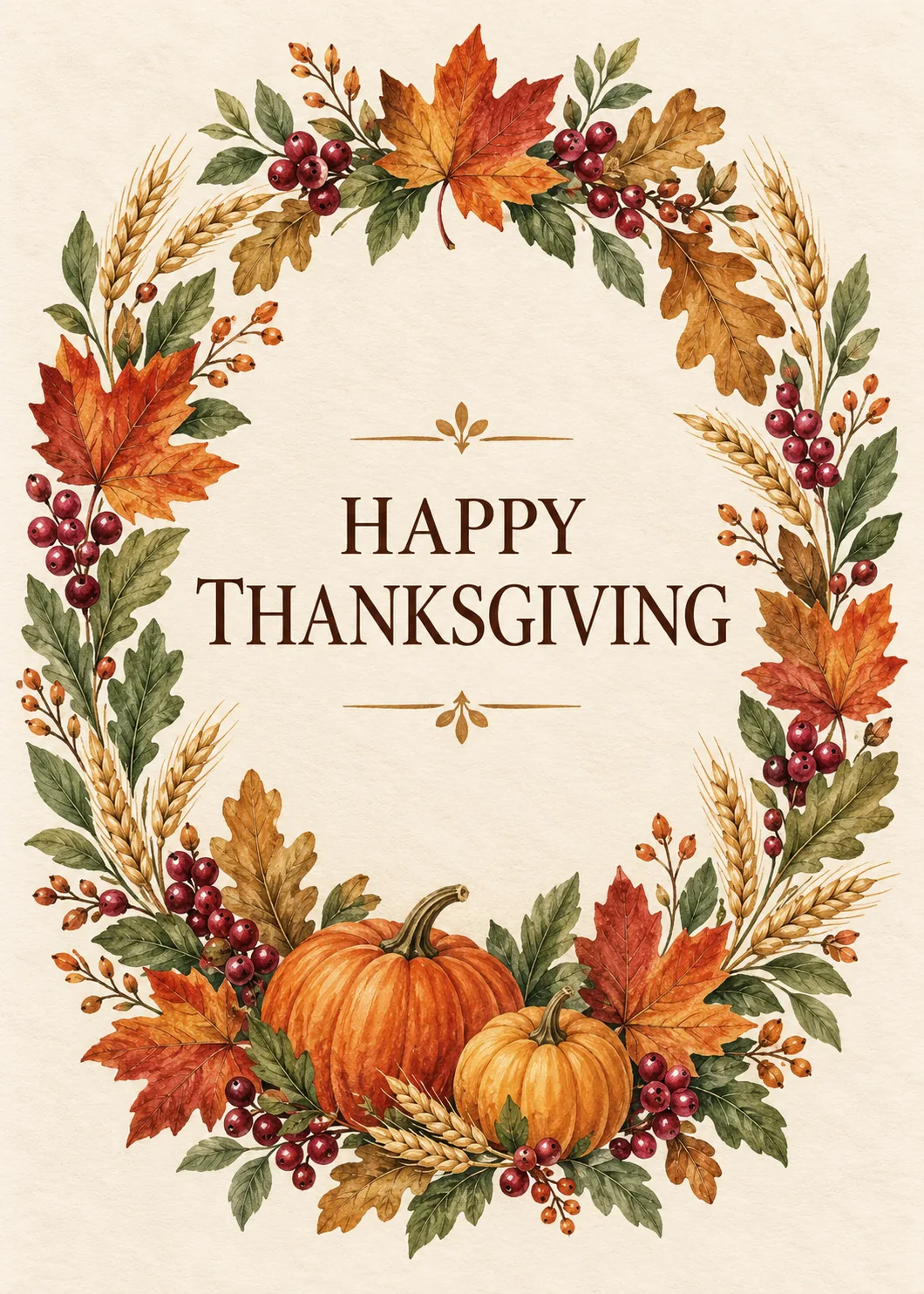 Happy Thanksgiving watercolor wreath of orange maple leaves, wheat, red berries and pumpkins on cream paper