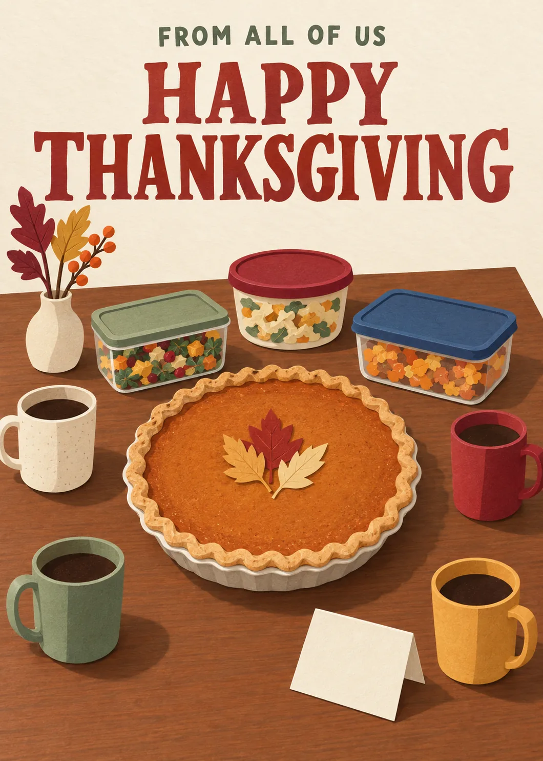 From all of us Happy Thanksgiving paper-cut style pumpkin pie, coffee mugs and leftover containers on a wooden table From all of us Happy Thanksgiving paper-cut style pumpkin pie, coffee mugs and leftover containers on a wooden table