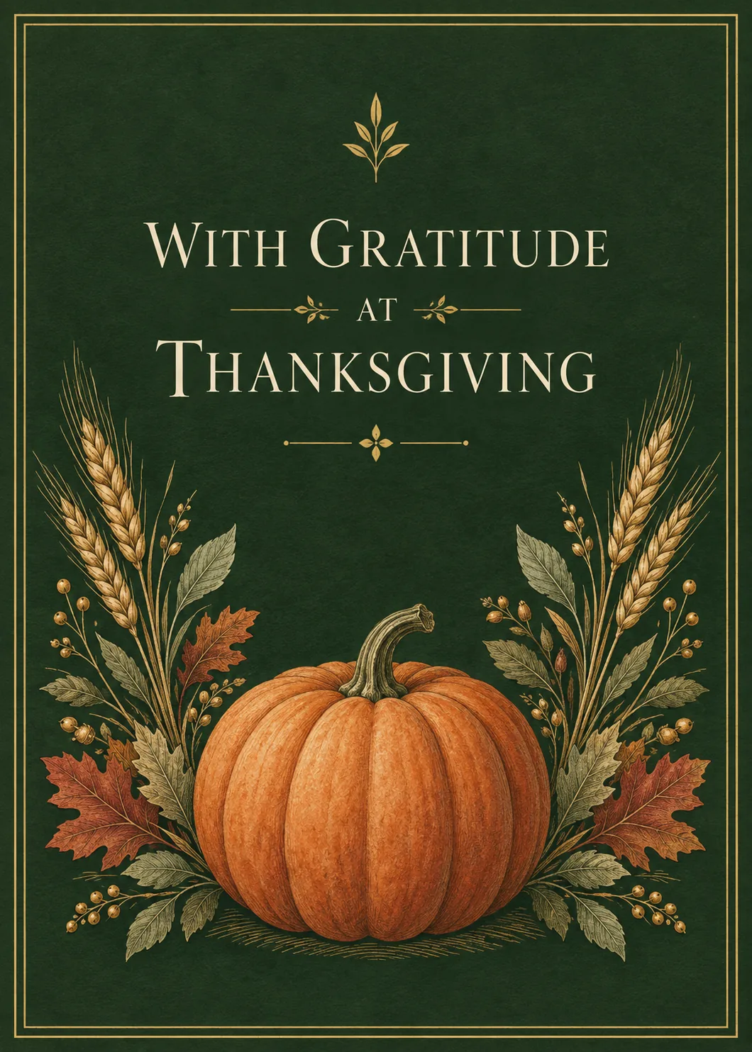 Thanksgiving card with a large orange pumpkin, wheat stalks and autumn leaves on dark green with a gold border