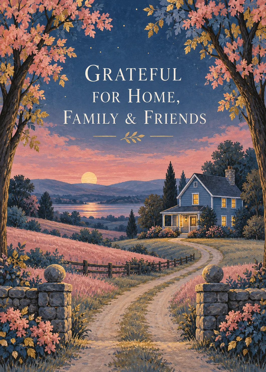Grateful card with a glowing farmhouse at pink twilight, winding path, stone gateposts and blossoming autumn trees
