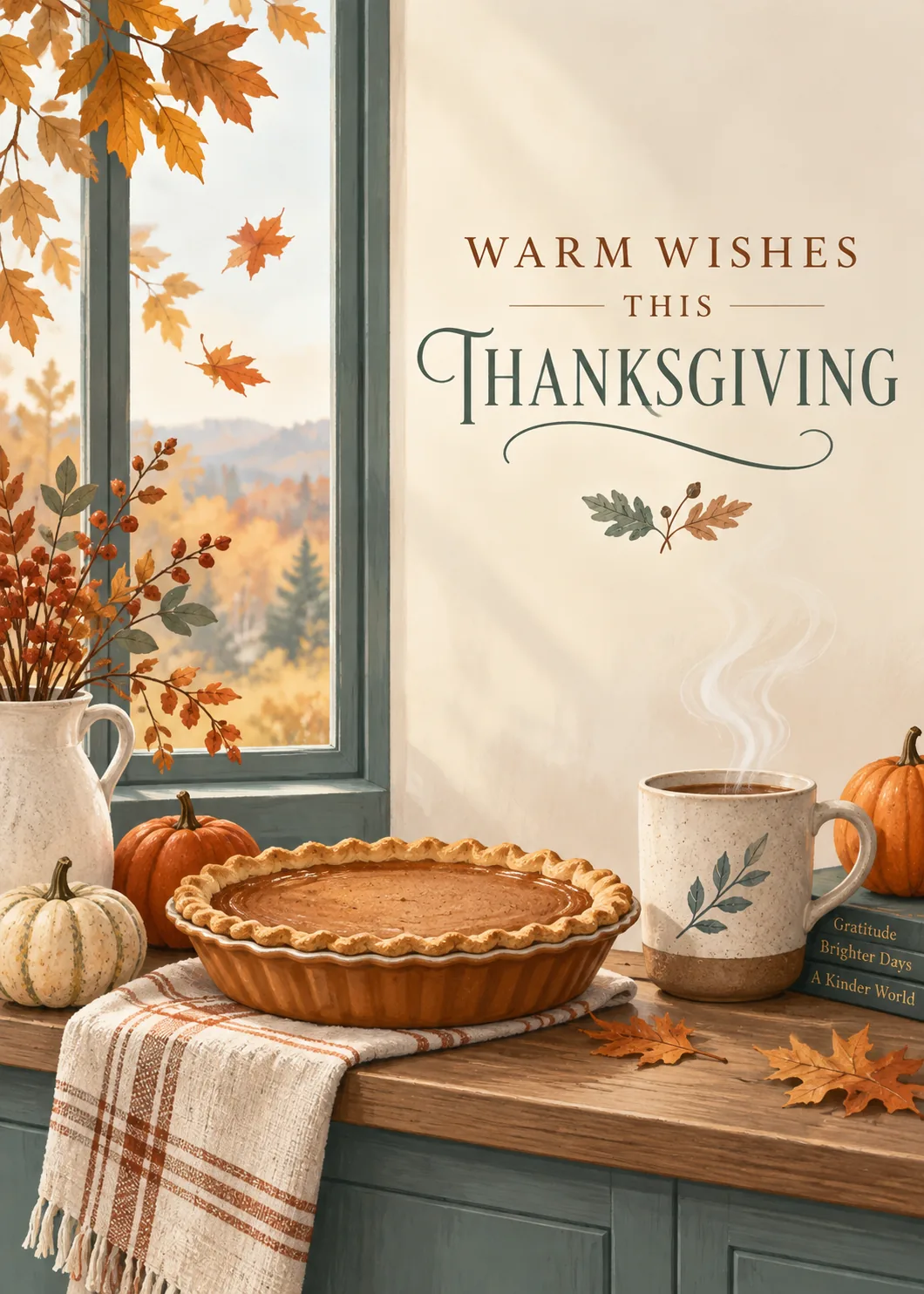 Thanksgiving card with pumpkin pie, steaming mug, pumpkins and autumn window view in warm cream and teal Thanksgiving card with pumpkin pie, steaming mug, pumpkins and autumn window view in warm cream and teal