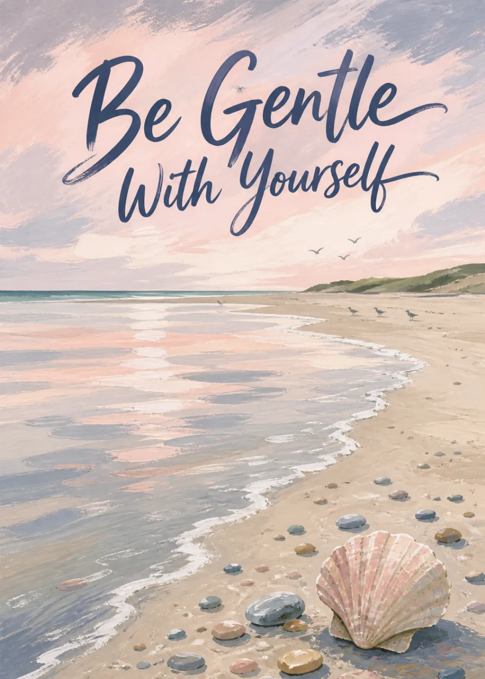 Pastel sunset beach scene with a seashell and pebbles beneath Be Gentle With Yourself script